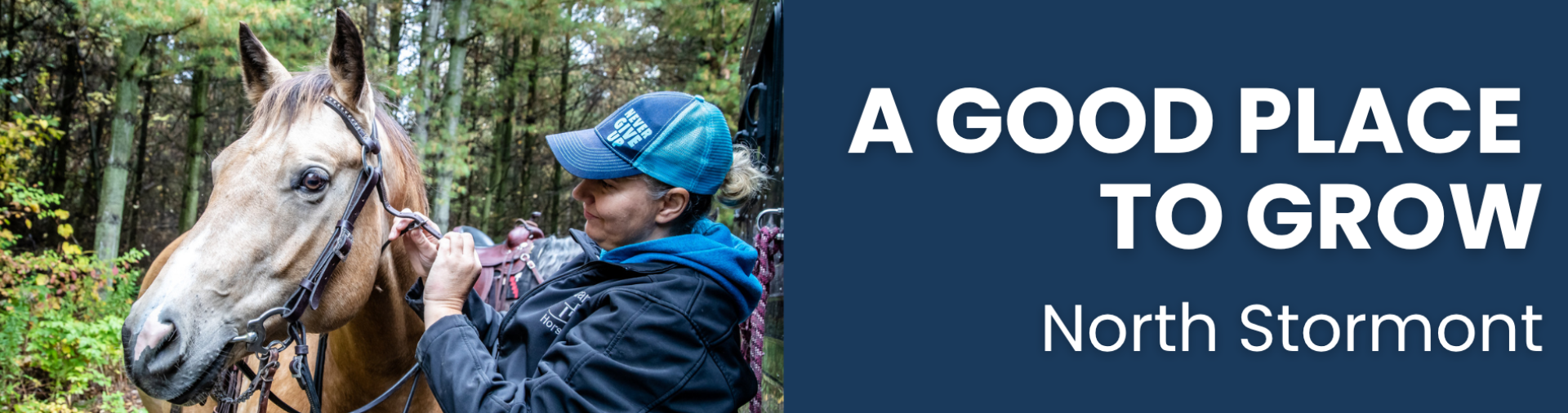 A picture of a woman with a horse and a slogan saying "A Good place to grow"